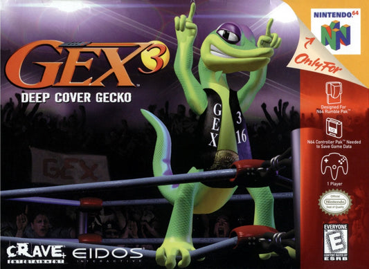 Gex 3 Deep Cover Gecko Nintendo 64 N64 video game, game only cartridge, action platformer, cartoon-style adventure, classic Nintendo title front cover