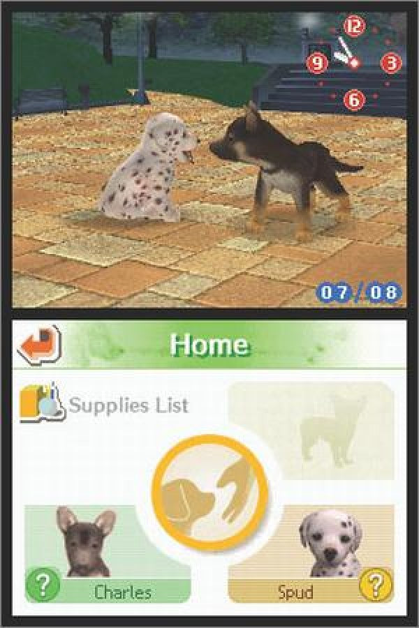 Nintendogs Dalmatian and Friends Limited Edition Nintendo DS pet simulation video game featuring Dalmatian Boxer German Shepherd Golden Retriever puppies touch screen training microphone voice commands Bark Mode virtual pet gameplay screenshot