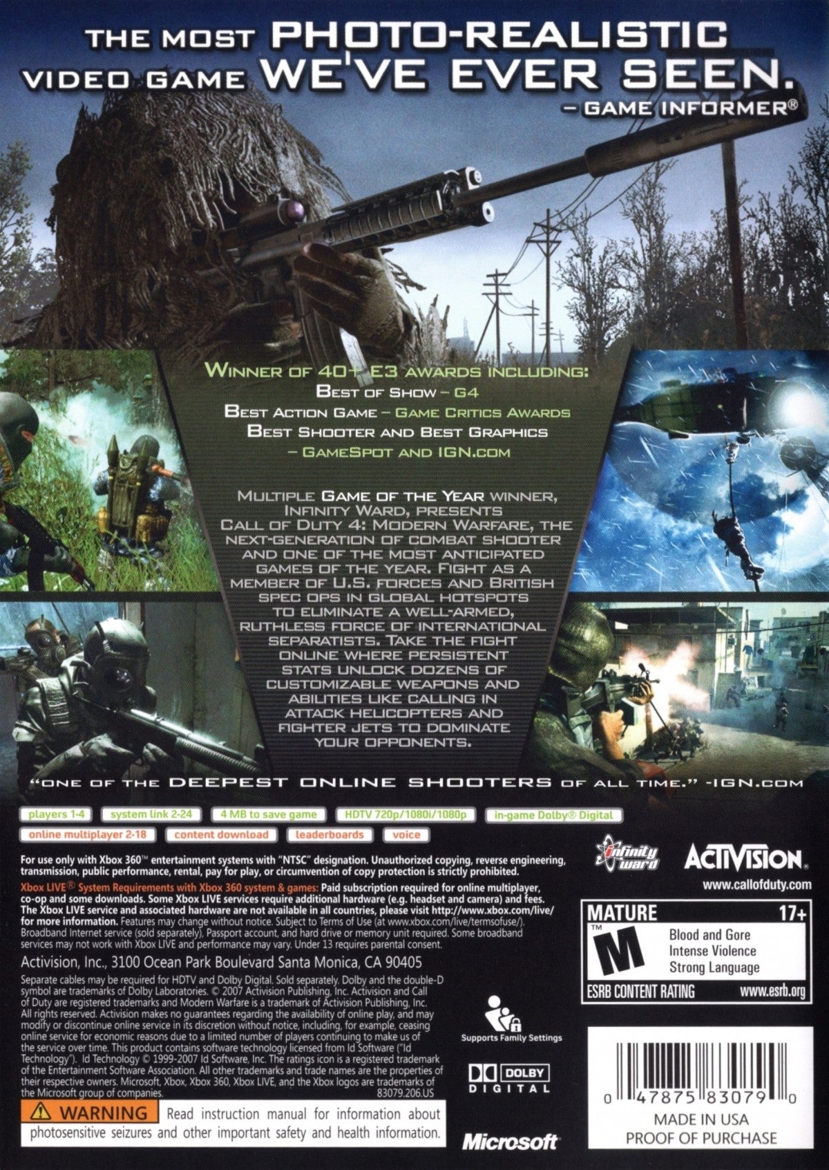 Call of Duty 4: Modern Warfare Platinum Hits for Xbox 360 with modern military action theme back cover