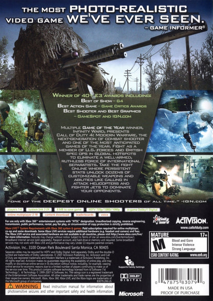 Call of Duty 4: Modern Warfare Platinum Hits for Xbox 360 with modern military action theme back cover