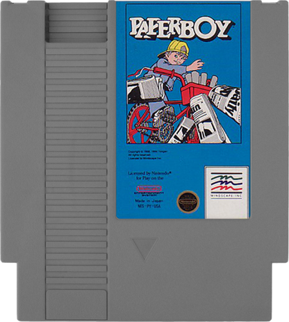 Paperboy cartridge for the Nintendo Entertainment System featuring 8 bit arcade action with newspaper delivery gameplay obstacle filled suburban streets and fast paced bike riding challenges cartridge
