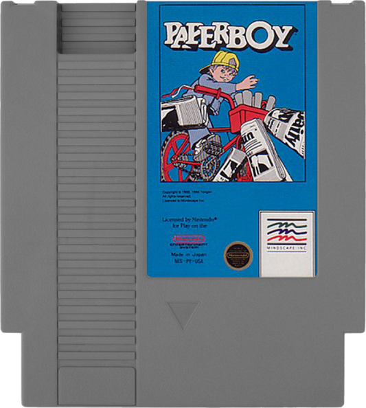 Paperboy cartridge for the Nintendo Entertainment System featuring 8 bit arcade action with newspaper delivery gameplay obstacle filled suburban streets and fast paced bike riding challenges cartridge