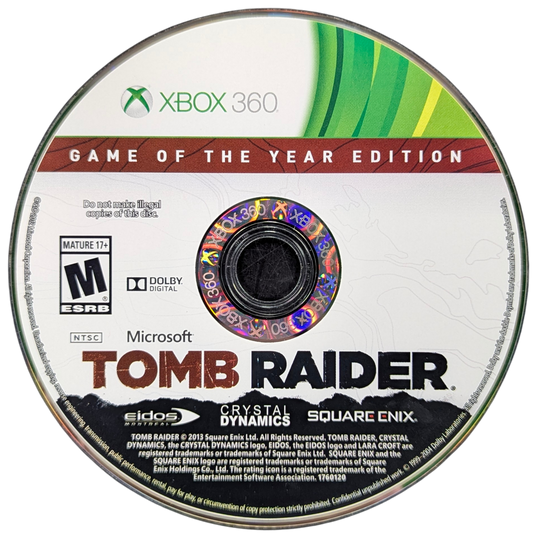 Tomb Raider Game of the Year Edition Xbox 360 action-adventure reboot origin story Lara Croft survival island Yamatai exploration puzzle-solving combat bow and arrows climbing tombs scavenging animal hunting character progression RPG elements upgrade system story-driven third-person perspective hub areas all downloadable content included complete experience disc