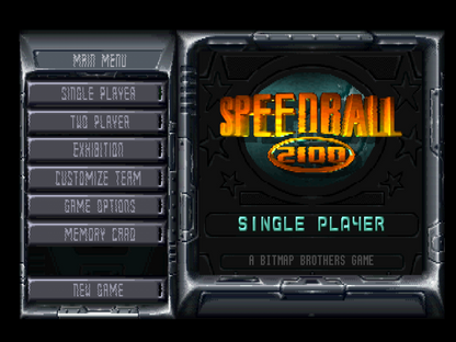 Speedball 2100 home screen for PlayStation 1 (PS1) futuristic sports video game
