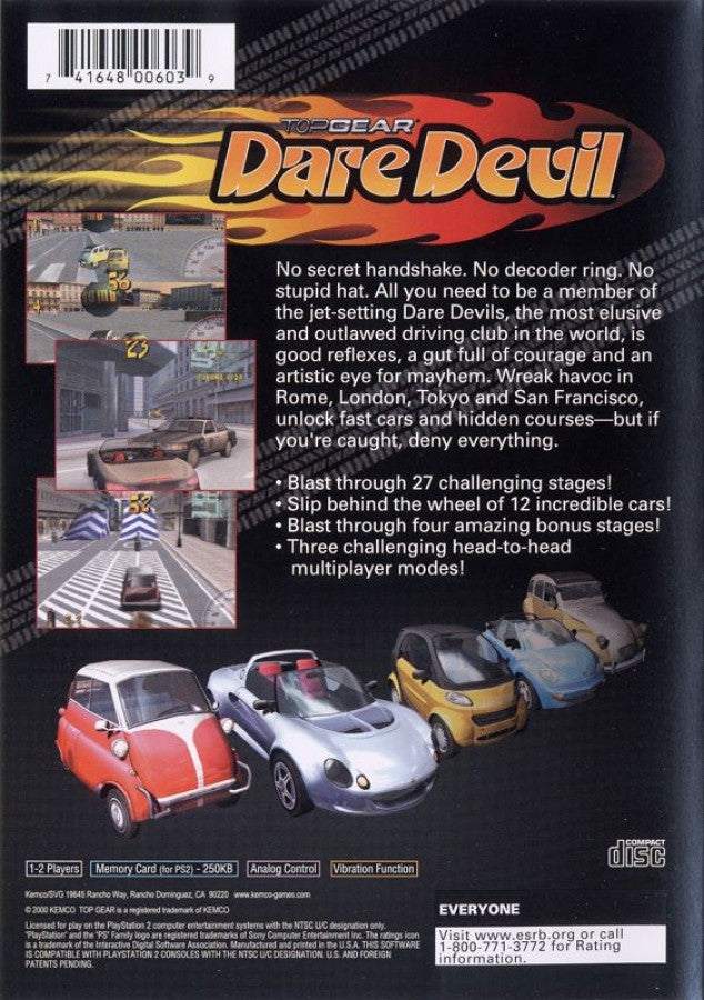 Top Gear: Dare Devil – PlayStation 2 (PS2) video game back of case, arcade stunt racing.