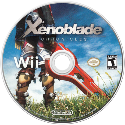 Xenoblade Chronicles Nintendo Wii cover art for retro video game enthusiasts featuring epic role playing gameplay expansive open world exploration real time combat mechanics story driven adventure memorable characters vast fantasy landscapes and immersive JRPG gaming experience and collectible gaming appeal disc