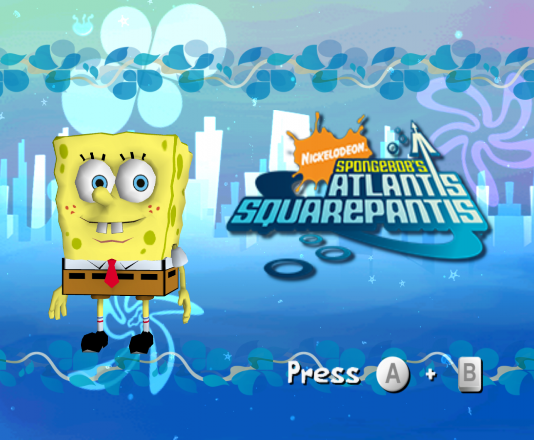 SpongeBob’s Atlantis SquarePantis for Nintendo Wii, title screen for an action-adventure party video game with SpongeBob characters, mini-games, platforming challenges, and family-friendly cartoon gameplay