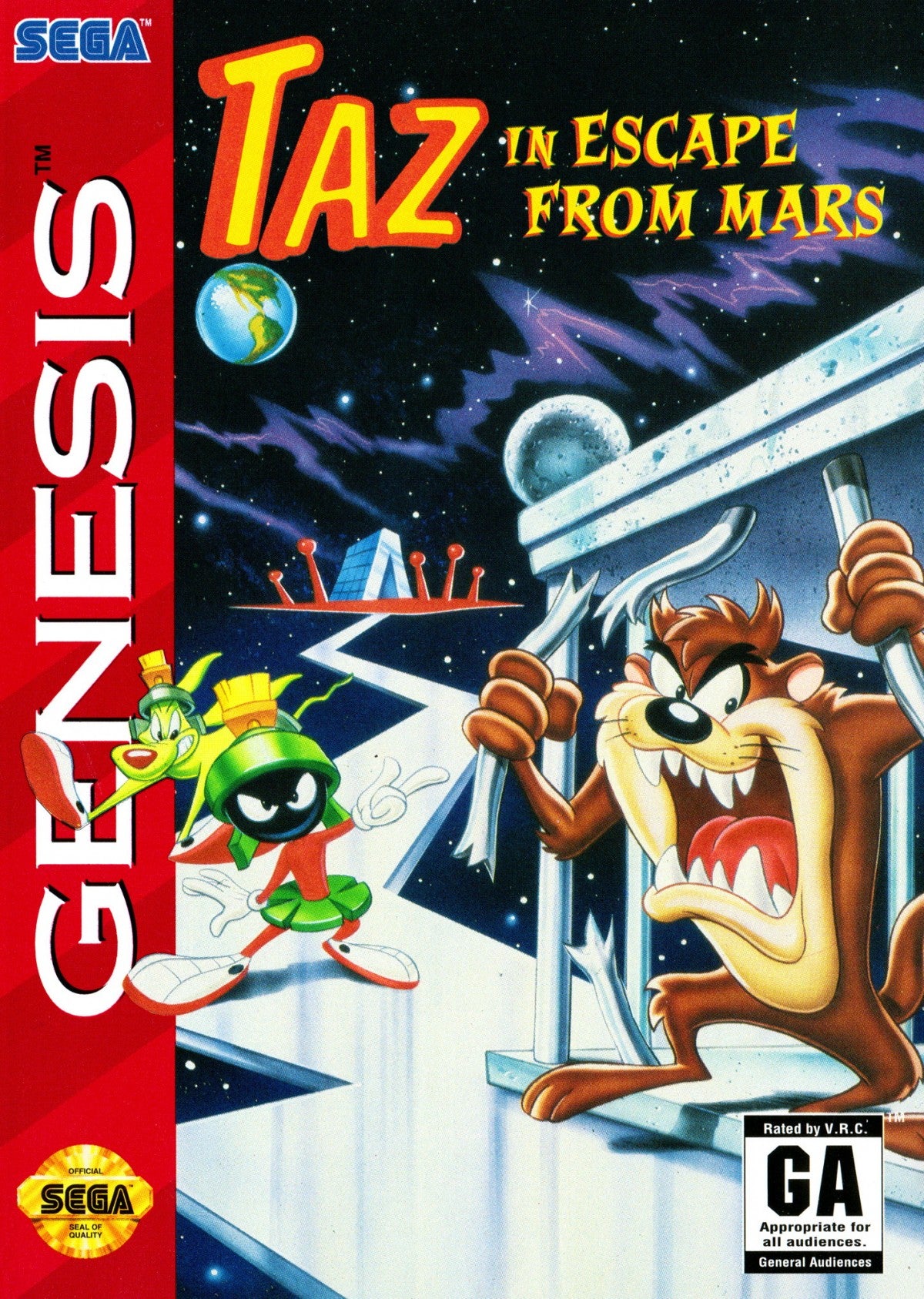 Taz in Escape from Mars Sega Genesis video game, action platformer, Looney Tunes cartoon-based adventure, retro console title cover