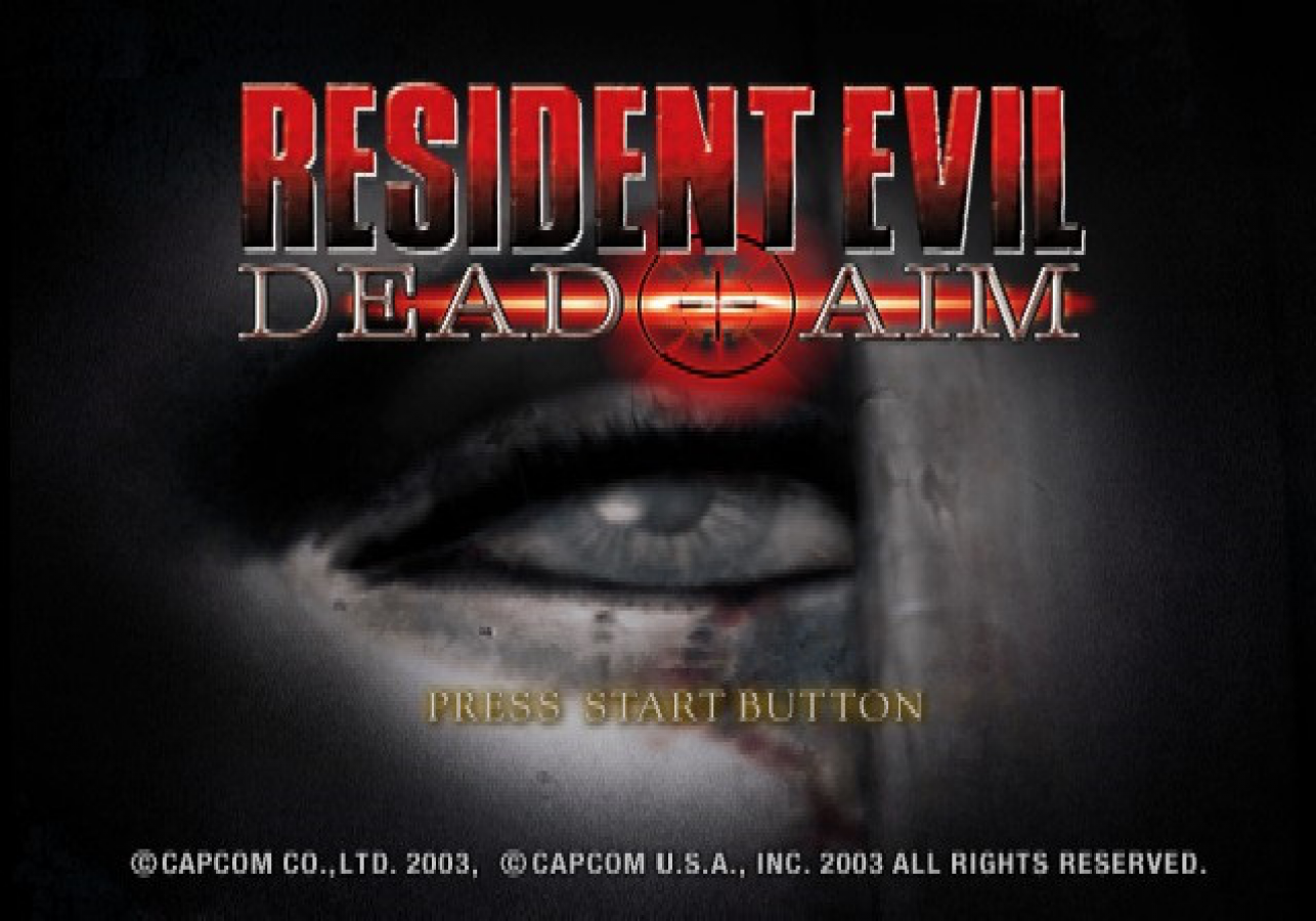 Resident Evil Dead Aim PS2 PlayStation 2 survival horror light gun shooter third person action zombie horror Umbrella Corporation biohazard gameplay retro video game title screen