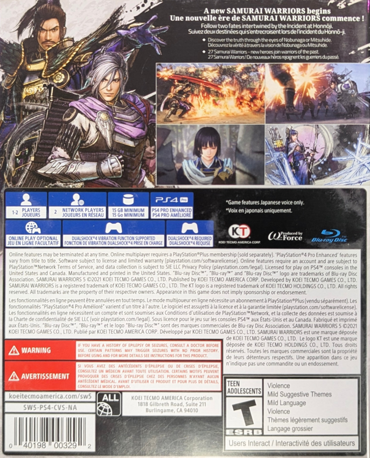 Samurai Warriors 5 for PlayStation 4 (PS4) at Gamers INC, featuring a bold reimagining of the series with stylized ink-brush visuals, exhilarating 1-vs-1000 battles, and a refreshed story centered on Nobunaga Oda and Mitsuhide Akechi during Japan’s Sengoku era back cover