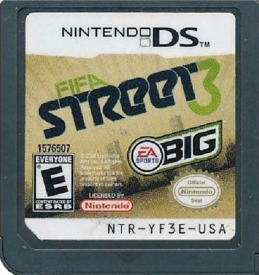 FIFA Street 3 Nintendo DS cartridge for retro video game featuring arcade style street soccer gameplay, trick moves, fast paced matches, stylized football stars, and portable sports action on the Nintendo DS handheld system