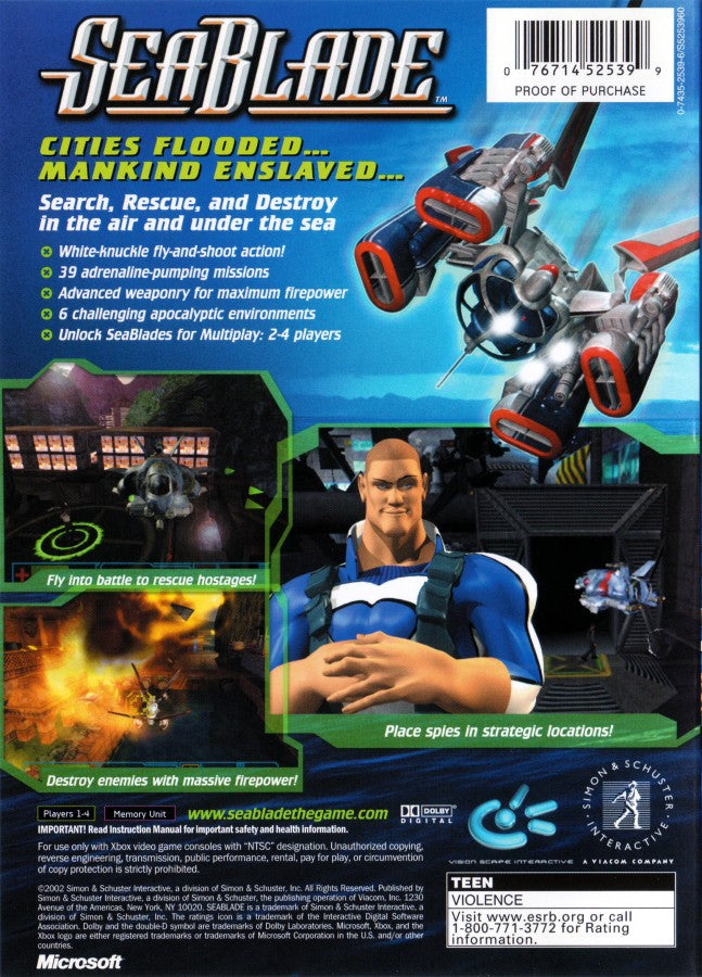 SeaBlade Xbox XBOX for flight combat video game fans featuring futuristic hovercraft action high speed aerial missions ocean environments intense dogfights sci fi weapons arcade style gameplay challenging campaign immersive futuristic adventure collectible gaming appeal back cover art
