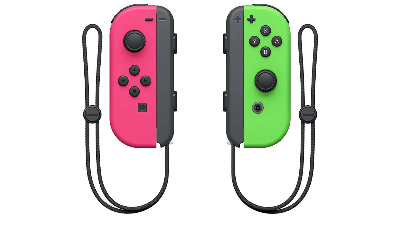 Nintendo Switch Joy-Con Neon Pink and Neon Green controllers featuring vibrant neon colors wireless motion controls HD Rumble responsive analog sticks detachable left and right controllers multiplayer gaming compatibility ergonomic design rechargeable accessories collectible Nintendo gaming appeal front view