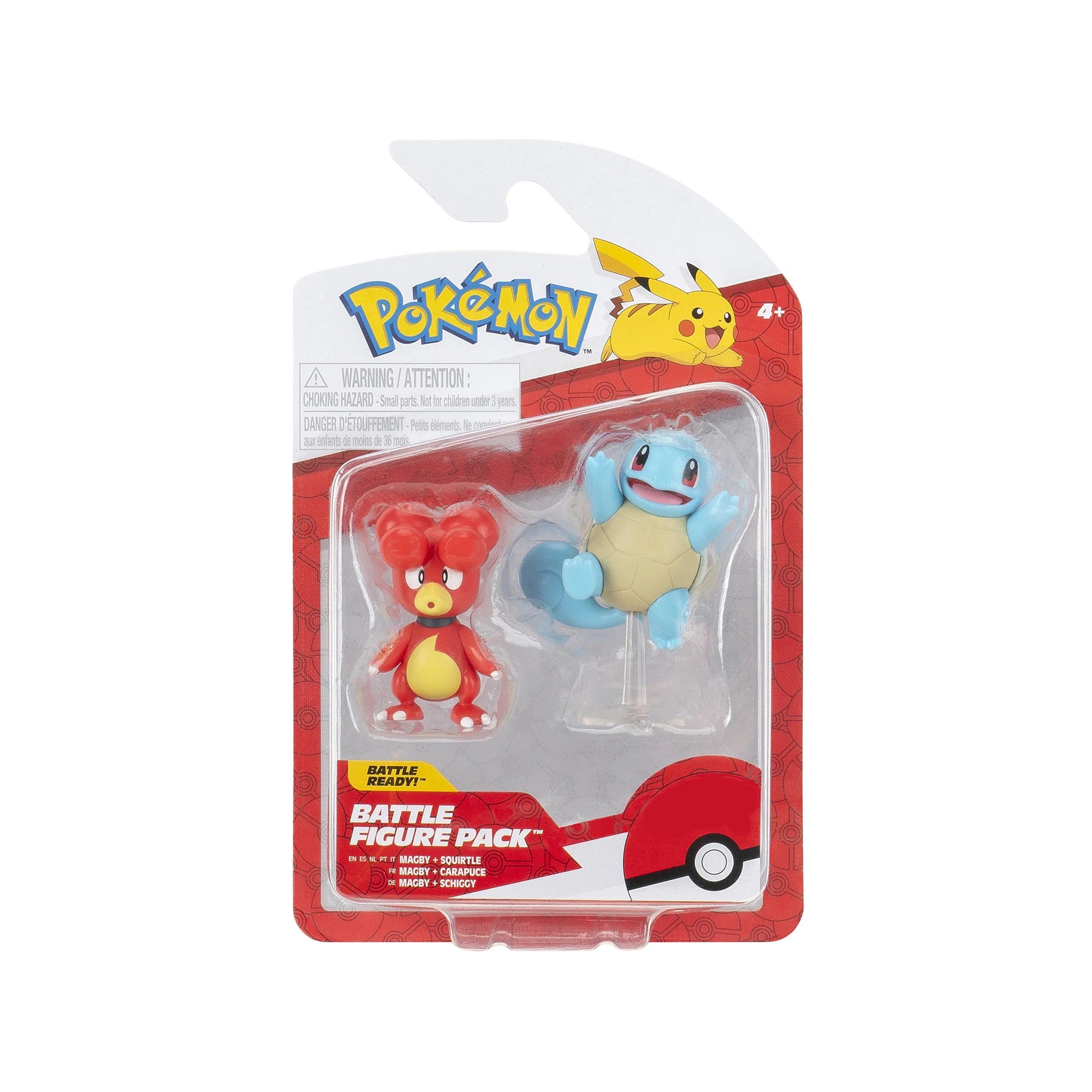 Pokemon Double Battle Figures Magby and Squirtle collectible Pokémon two pack featuring Magby fire type and Squirtle water type detailed mini figures display toys for fans and collectors