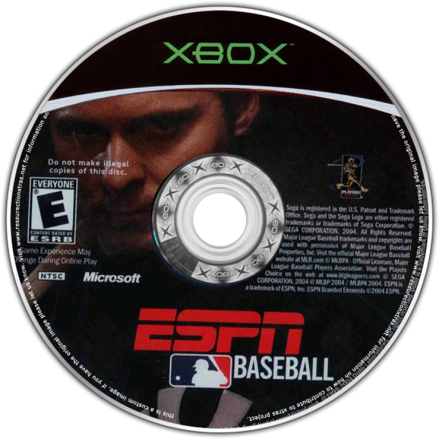 Xbox disc art for ESPN Baseball game with branding and logos.