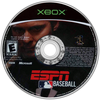 Xbox disc art for ESPN Baseball game with branding and logos.