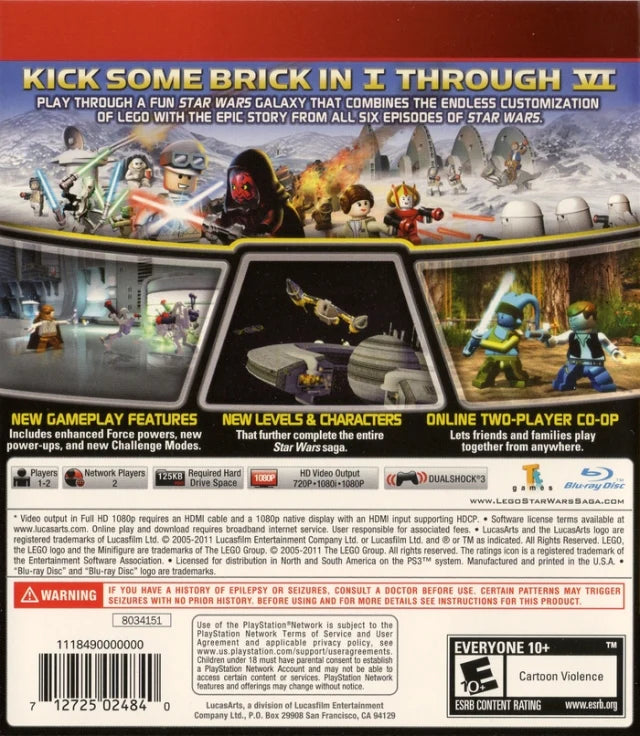 LEGO Star Wars: The Complete Saga Greatest Hits edition for PlayStation 3 action adventure game featuring Episodes I–VI co op gameplay unlockable characters puzzles family friendly multiplayer back cover 