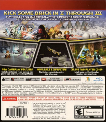 LEGO Star Wars: The Complete Saga Greatest Hits edition for PlayStation 3 action adventure game featuring Episodes I–VI co op gameplay unlockable characters puzzles family friendly multiplayer back cover 