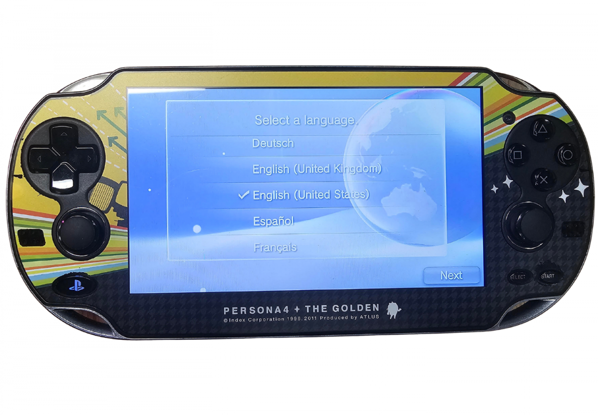 PlayStation Vita 1000 PS Vita 1000 Persona 4 Japanese JP edition handheld gaming console featuring Persona 4 themed design portable PlayStation gaming OLED display handheld controls Japanese import console scratch and scuff condition classic Sony hardware and collectible gaming appeal screen on