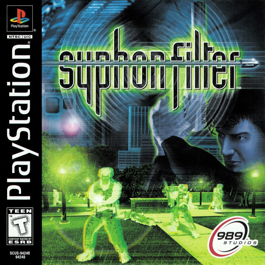 Syphon Filter PlayStation 1 PS1 for retro video game enthusiasts featuring third person action shooter gameplay stealth espionage missions tactical combat cinematic storytelling military operations varied mission objectives and collectible gaming appeal front cover 