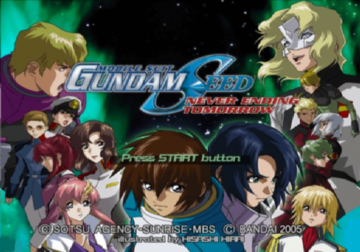 Mobile Suit Gundam Seed: Never Ending Tomorrow title screen PlayStation 2 (PS2) featuring mecha combat action with iconic Gundam mobile suits and cinematic anime battles.