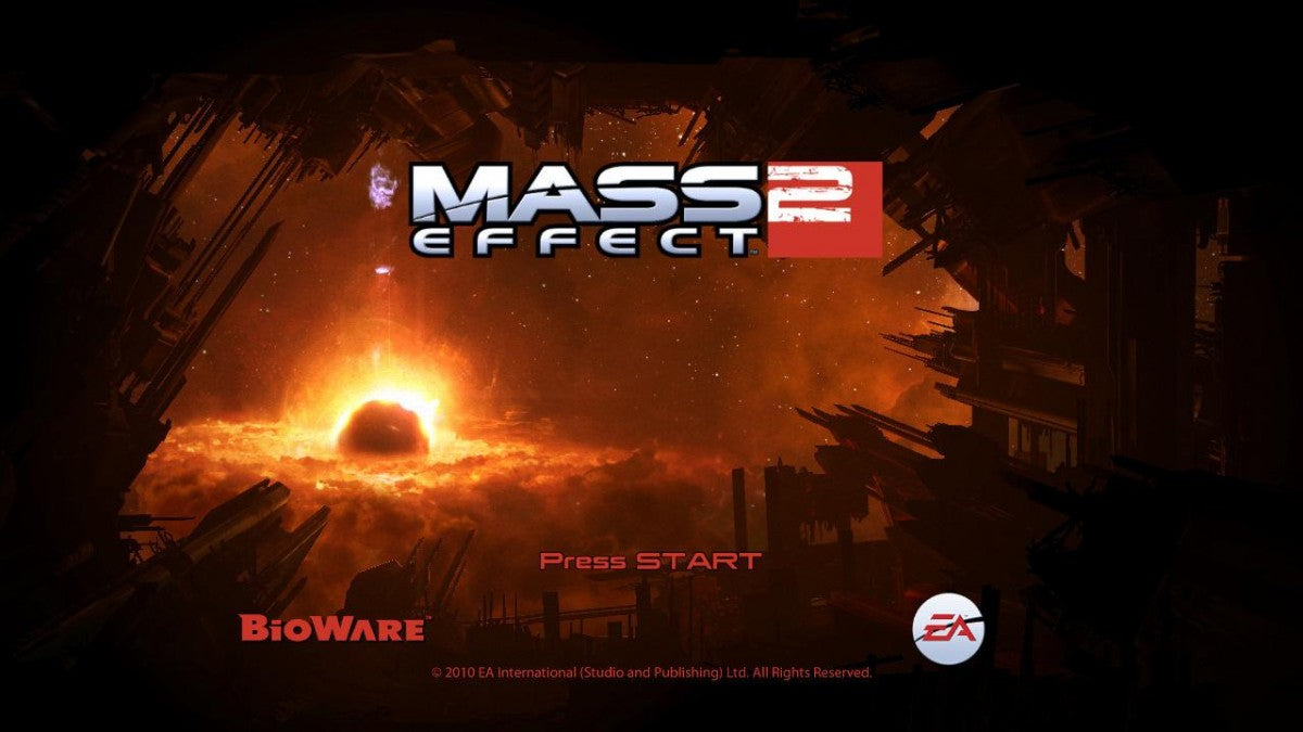 Mass Effect 2 start screen for Xbox 360 (X360) sci-fi action role-playing video game