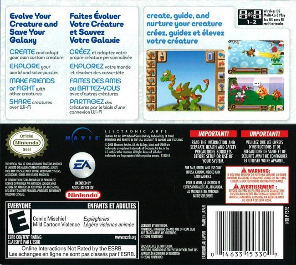 Spore Creatures Nintendo DS video game featuring creature creation gameplay evolutionary adventure touch screen controls mini games and family friendly EA handheld simulation title back cover