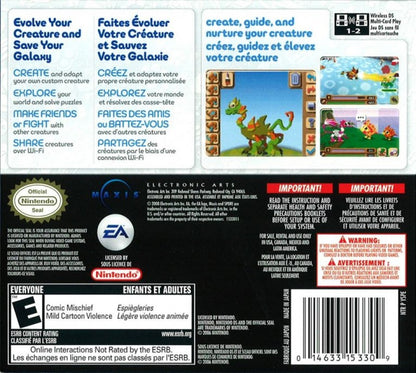 Spore Creatures Nintendo DS video game featuring creature creation gameplay evolutionary adventure touch screen controls mini games and family friendly EA handheld simulation title back cover