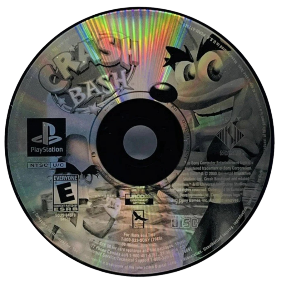 Crash Bash Greatest Hits PlayStation 1 party video game Eurocom 30 minigames adventure battle tournament modes 4-player multitap Crash Coco Cortex Tiny Dingodile multiplayer competition arena battles TNT crates pogo stick tanks hovercraft Sony disc