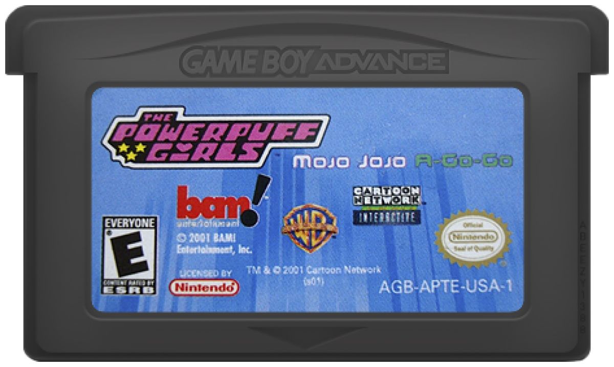 The Powerpuff Girls Mojo Jojo A-Go-Go for Game Boy Advance, cartridge for a platformer action video game with side-scrolling gameplay, cartoon-style combat, character-based challenges, and villain-themed adventure