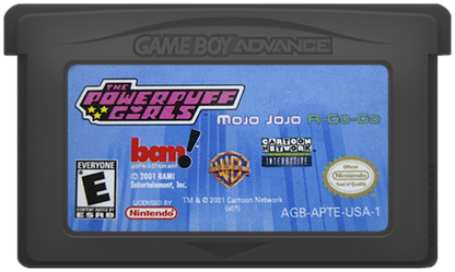 The Powerpuff Girls Mojo Jojo A-Go-Go for Game Boy Advance, cartridge for a platformer action video game with side-scrolling gameplay, cartoon-style combat, character-based challenges, and villain-themed adventure