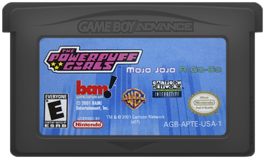 The Powerpuff Girls Mojo Jojo A-Go-Go for Game Boy Advance, cartridge for a platformer action video game with side-scrolling gameplay, cartoon-style combat, character-based challenges, and villain-themed adventure