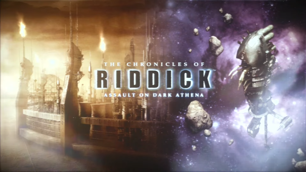The Chronicles of Riddick Assault on Dark Athena PlayStation 3 first-person shooter stealth action sci-fi video game combining Escape from Butcher Bay remake with new Dark Athena campaign main menu title screen