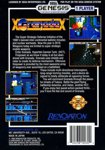 Granada Sega Genesis GEN video game featuring top down action shooter gameplay futuristic tank combat enemy battles weapon upgrades strategic movement challenging missions desert environments and classic 16 bit Sega gameplay retro video game collection collectible gaming appeal back cover art