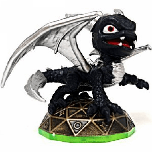 Dark Spyro Skylanders Spyro’s Adventure figure, shadow variant purple dragon with dark color scheme, glowing eyes and wings spread in attack pose, detailed collectible toy on portal base from Skylanders Spyro’s Adventure series