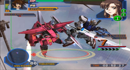 Mobile Suit Gundam Seed: Never Ending Tomorrow gameplay PlayStation 2 (PS2) featuring mecha combat action with iconic Gundam mobile suits and cinematic anime battles.
