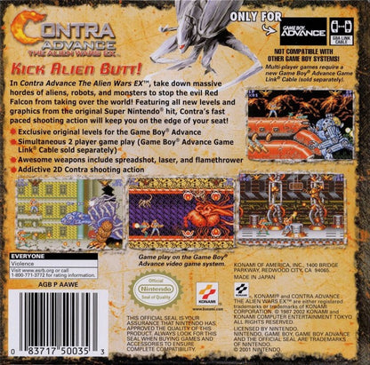 Contra Advance The Alien Wars EX for Game Boy Advance, back of case for a run-and-gun shooter video game with side-scrolling gameplay, fast-paced combat, alien enemies, and classic arcade-style action