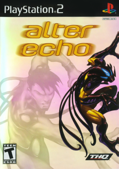 Alter Echo for PlayStation 2 (PS2) featuring a sci fi action adventure where you switch between three bio suit forms to solve puzzles and fight enemies; use fast melee and ranged combat explore alien environments and adapt your abilities to overcome challenges on PS2 front cover