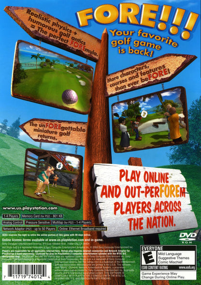 Hot Shots Golf Fore! for PlayStation 2 arcade golf sports game featuring colorful characters tournament mode multiplayer courses unlockable golfers fun casual gameplay back cover