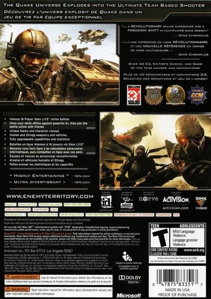 Enemy Territory: Quake Wars back of case for Xbox 360 (X360) sci-fi first-person shooter video game