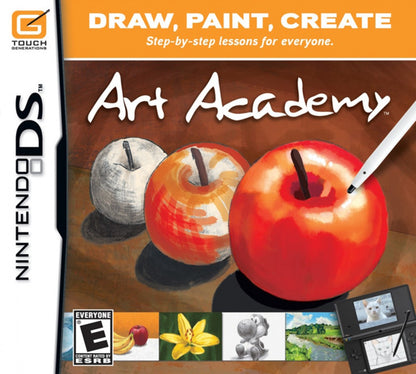 Art Academy cartridge for the Nintendo DS featuring interactive drawing lessons with step by step tutorials sketching techniques and creative art tools for beginners and aspiring artists cover art