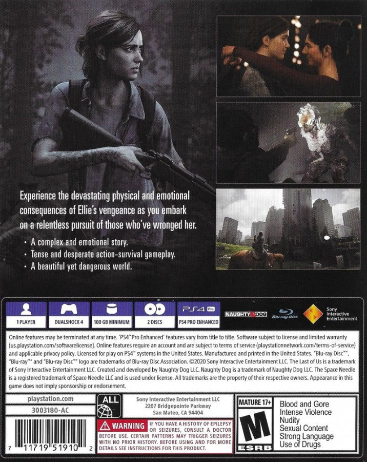 The Last of Us: Part II – PlayStation 4 (PS4) video game back of case, action-adventure survival.