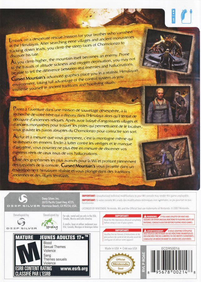 Cursed Mountain Nintendo Wii for survival horror video game fans featuring psychological horror gameplay Himalayan mountain exploration supernatural spirits motion controls puzzle solving atmospheric environments haunting storytelling intense survival adventure collectible gaming appeal back cover art