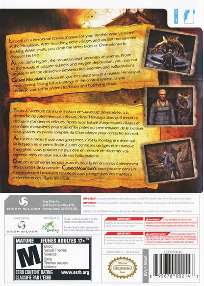 Cursed Mountain Nintendo Wii for survival horror video game fans featuring psychological horror gameplay Himalayan mountain exploration supernatural spirits motion controls puzzle solving atmospheric environments haunting storytelling intense survival adventure collectible gaming appeal back cover art