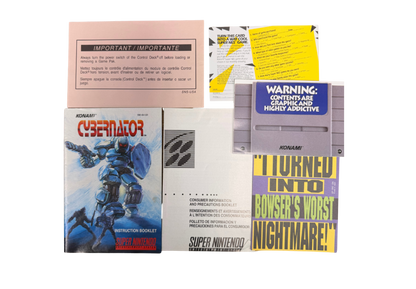 Cybernator Super Nintendo Entertainment System SNES action platformer video game featuring futuristic mech combat powerful weapons explosive battles enemy machines challenging stages science fiction environments and classic Super Nintendo Entertainment System SNES gameplay collectible retro gaming appeal manuals