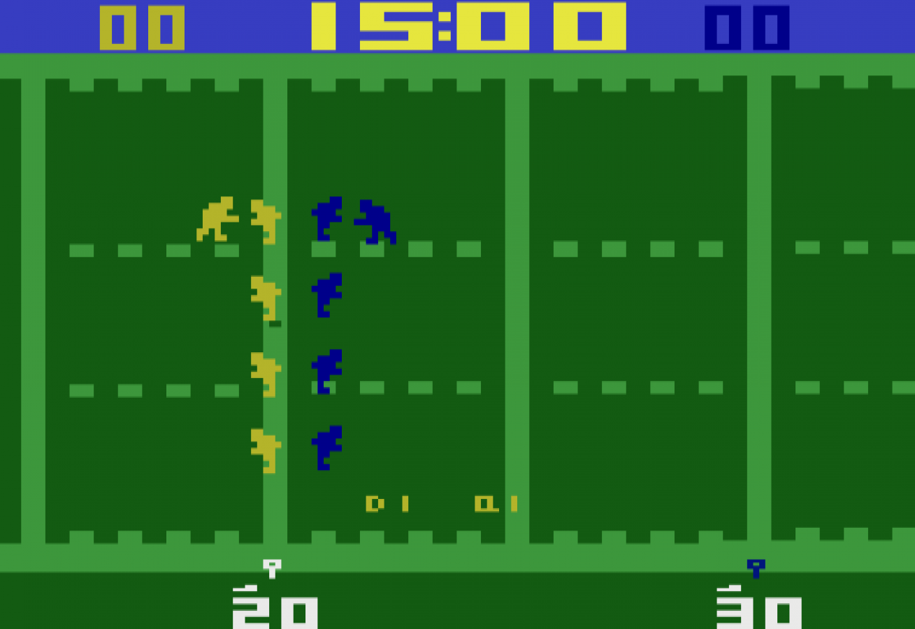 Super Challenge Football Atari inspired design featuring classic football sports gameplay aesthetic vintage gridiron action pixel graphics competitive head to head matches retro score chasing excitement early home console gaming nostalgia Atari presentation gameplay