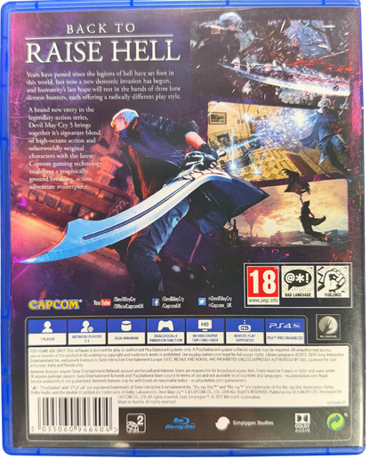 Devil May Cry 5 PAL Import PlayStation 4 PS4 for retro video game enthusiasts featuring stylish action gameplay fast paced demon hunting combat combo driven mechanics multiple playable characters cinematic boss battles supernatural adventure elements and collectible gaming appeal back cover art