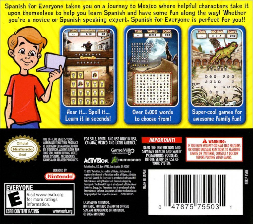 Spanish for Everyone for Nintendo DS, back of case for an educational language learning video game with vocabulary exercises, pronunciation practice, interactive lessons, and casual study gameplay