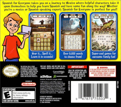 Spanish for Everyone for Nintendo DS, back of case for an educational language learning video game with vocabulary exercises, pronunciation practice, interactive lessons, and casual study gameplay