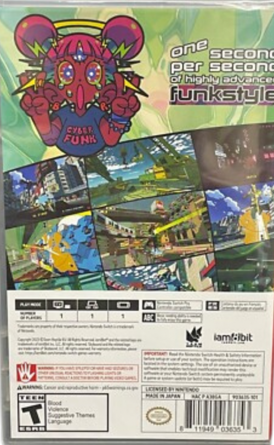 Bomb Rush Cyberfunk Nintendo Switch for action platforming video game fans featuring fast paced graffiti gameplay stylish hoverboard skating inline skating BMX biking open world city exploration trick combos vibrant cel shaded visuals energetic soundtrack futuristic urban adventure collectible gaming appeal back cover